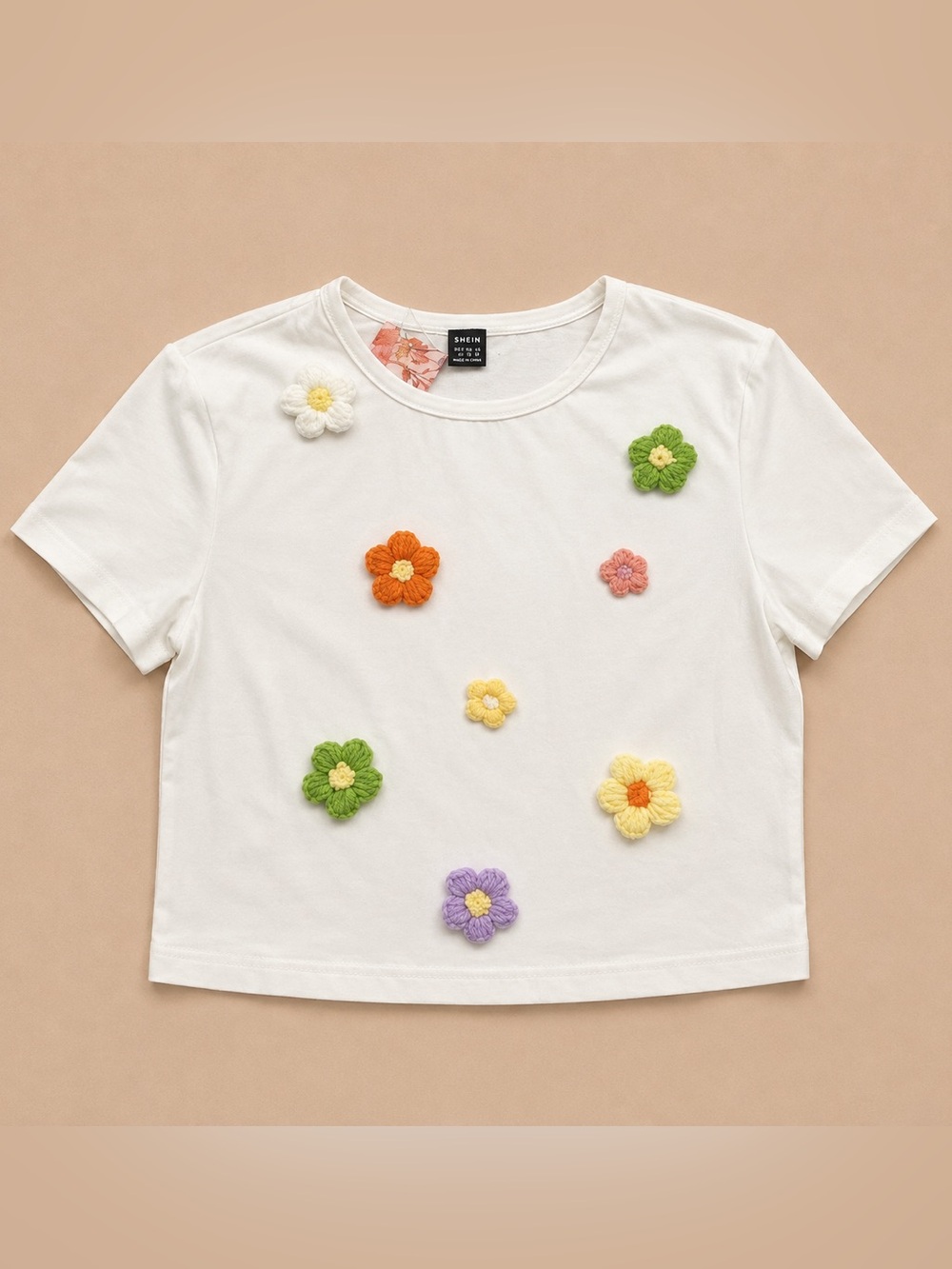 SHEIN White Short Sleeve Tee with Crocheted Multicolor Flowers